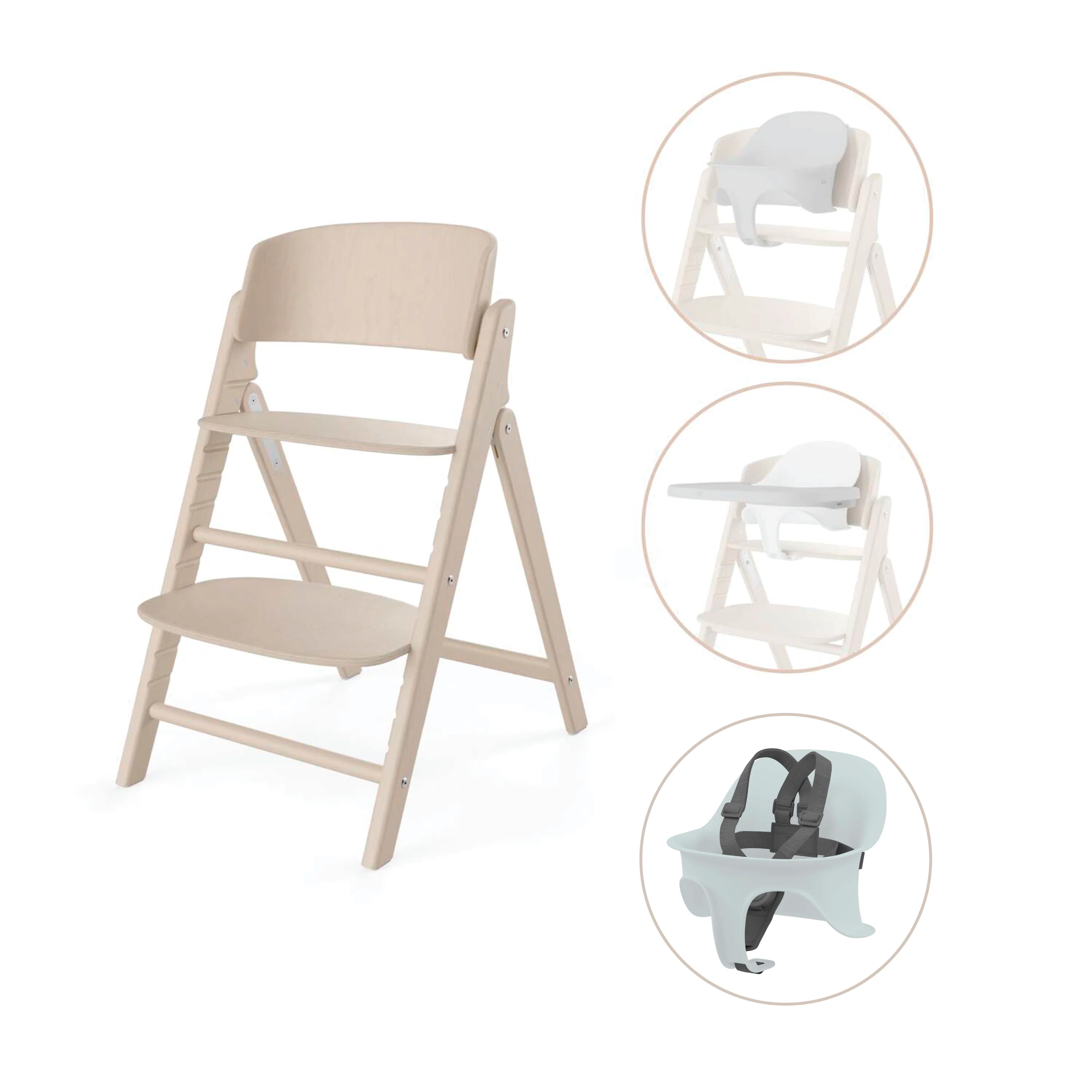 כיסא לתינוק Click & Fold 3-in-1  עם מגש, מושב תינוק ורתמת רצועות עץ טבעי בהיר