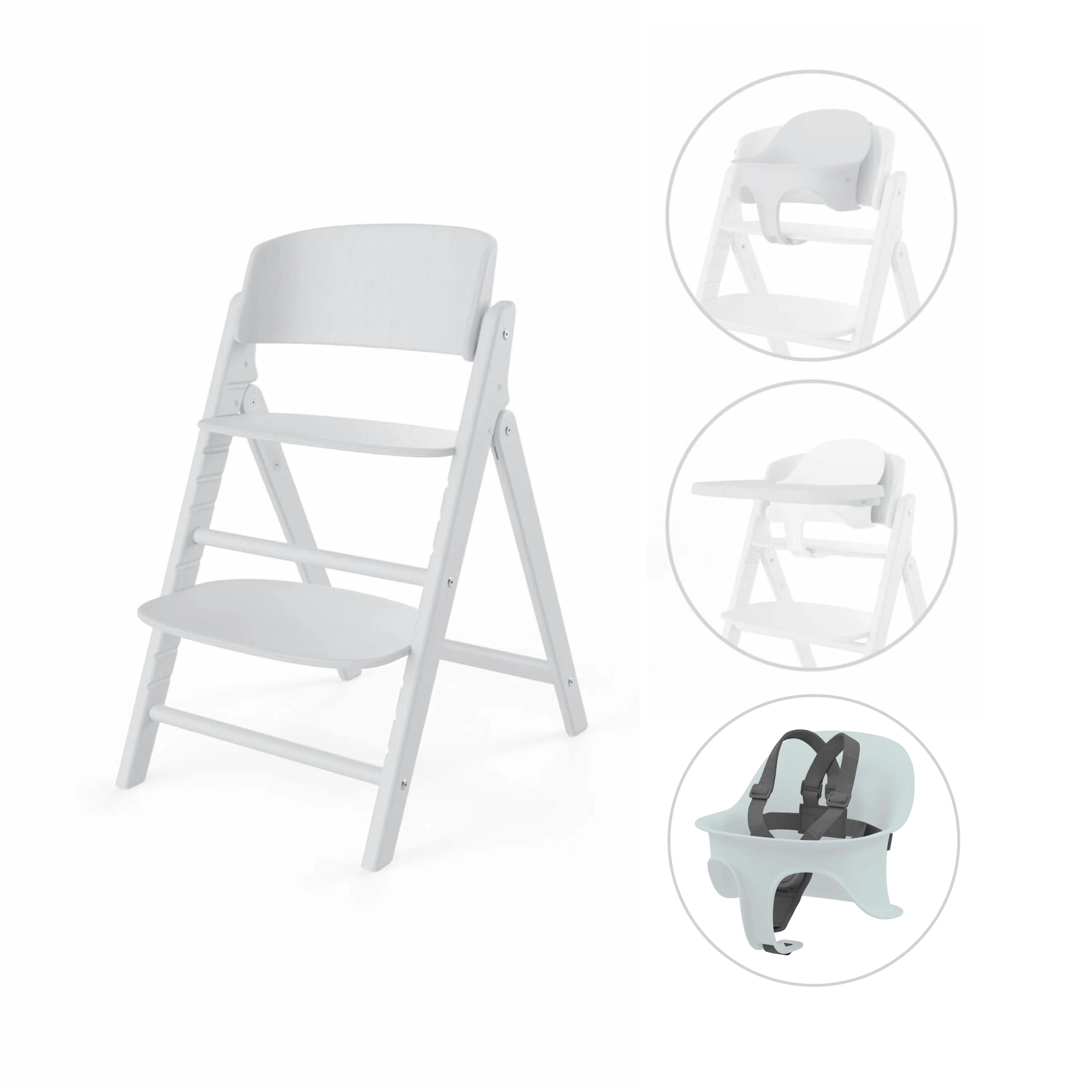 כיסא לתינוק Click & Fold 3-in-1 עם מגש, מושב תינוק ורתמת רצועות עץ טבעי בצבע לבן